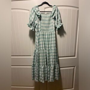 JessaKae Dress Maxi Gingham Green White Cottagecore Prariecore Elastic L Nwt